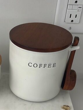 Hearth & Hand White Ceramic Coffee Jar with Dark Wood Lid and Scoop